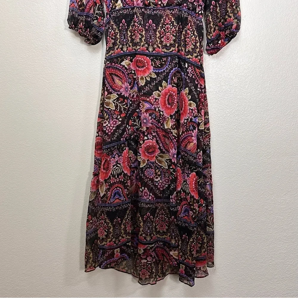 MISA Los Angeles Olivia Puff-Sleeve Floral Paisley Chiffon Midi Dress
